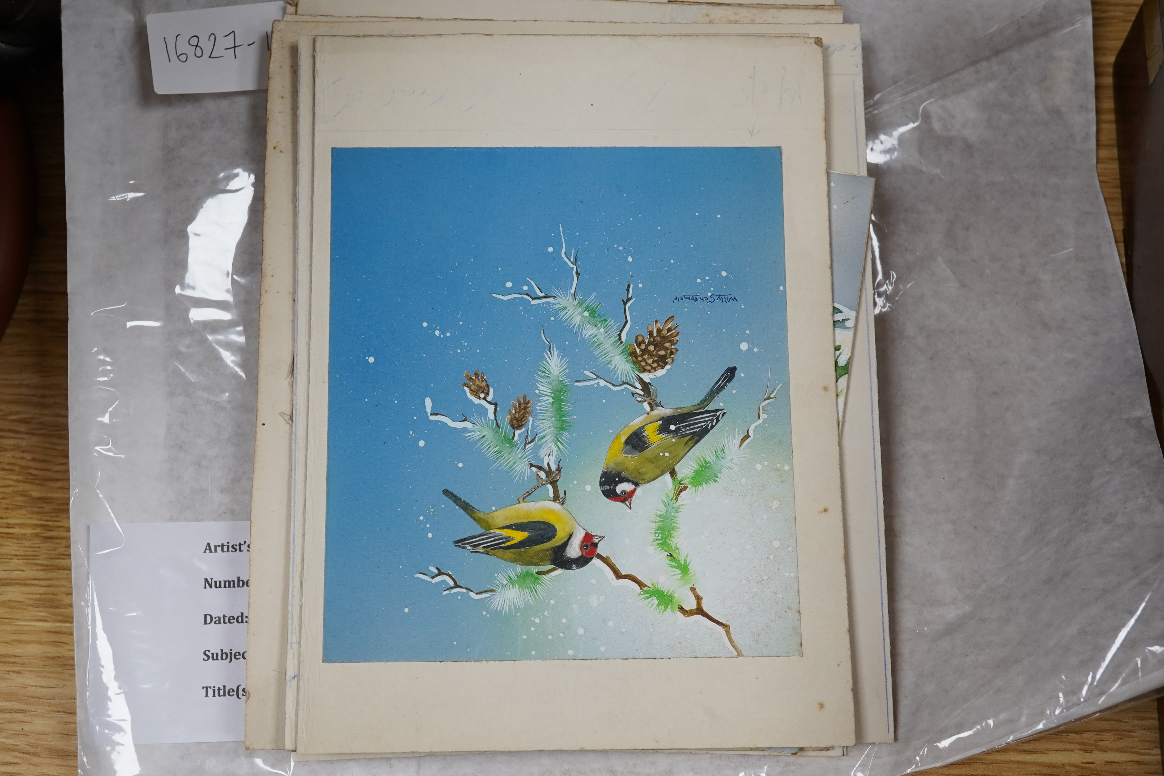 Willy Schermele (Illustrator, 1904-1995), nine original gouache and collages for Children's Christmas cards to include squirrel on a branch and robins & deer, each signed, largest 17 x 13cm, unframed. Condition - mostly